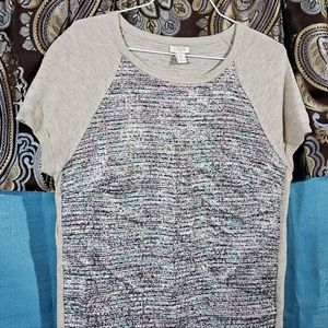 EuC JCREW artsy/boho metallicized fiber weave short sleeve sweater.